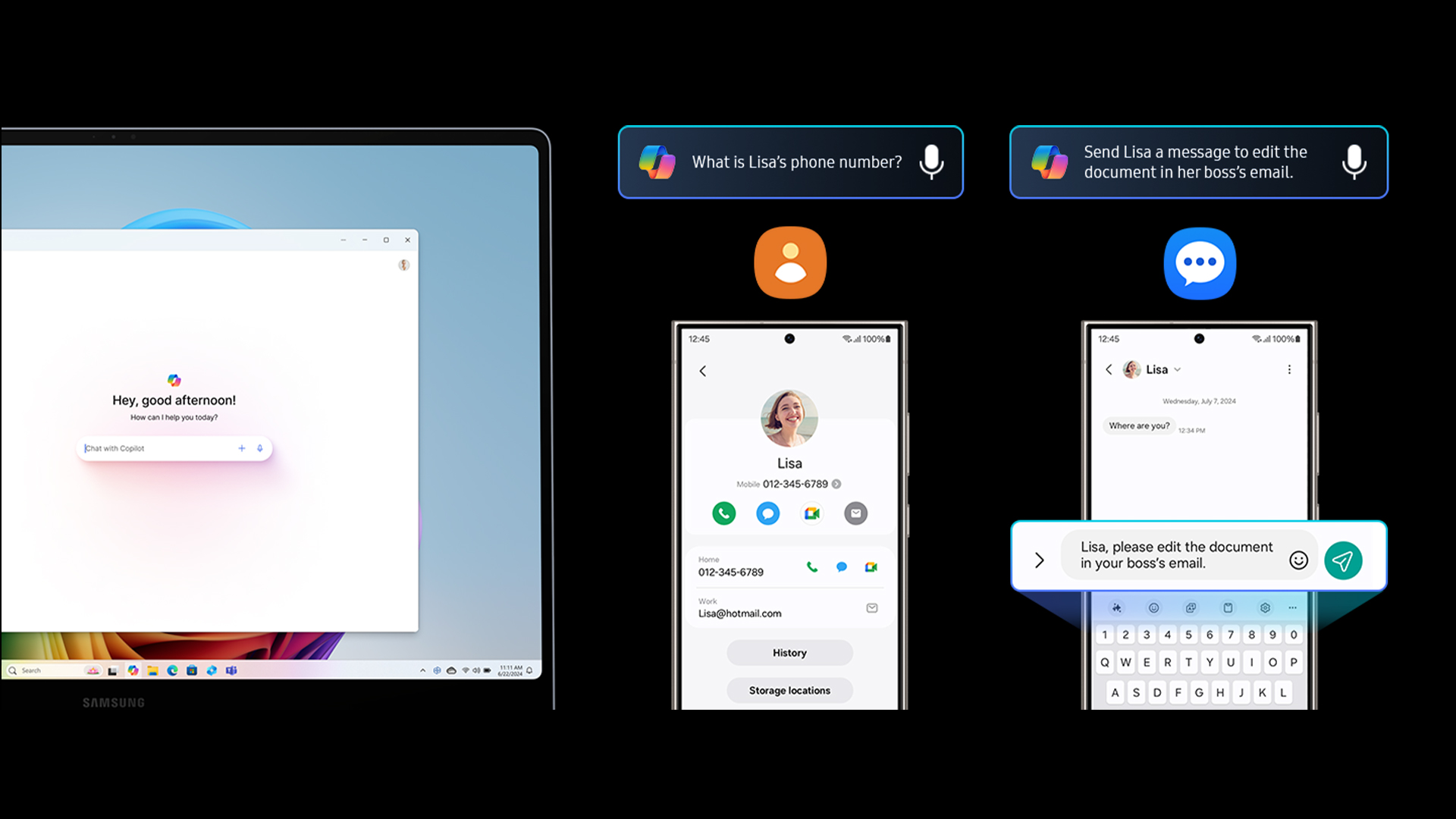 Schermo con finestra di chat, telefono con contatti e messaggi. Interfaccia utente digitale per la comunicazione.