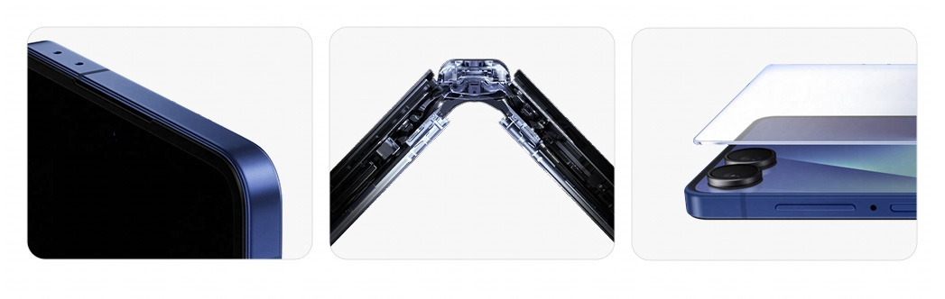 3 immagini tagliate di telefoni samsung flip 7 di colore blu e nero