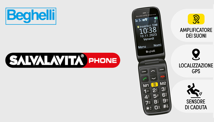 Cellulare a conchiglia nero con tasti grandi, loghi Beghelli e Salvalavita, icone funzioni: amplificatore, GPS, sensore caduta.