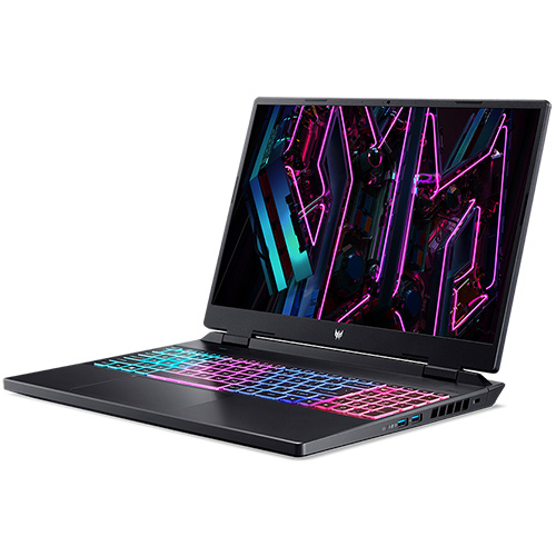 Ecco un computer portatile nero aperto. Lo schermo mostra grafiche colorate. La tastiera � illuminata con colori diversi.