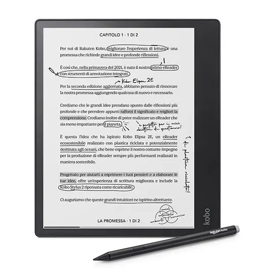 E-reader nero con testo italiano e note scritte a mano, accanto una penna digitale su sfondo bianco.