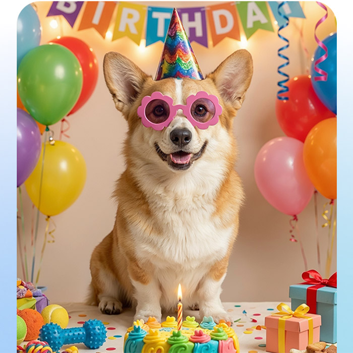 un cane con occhiali e cappellino da festa. Una torta davanti e diversi articoli da festa.