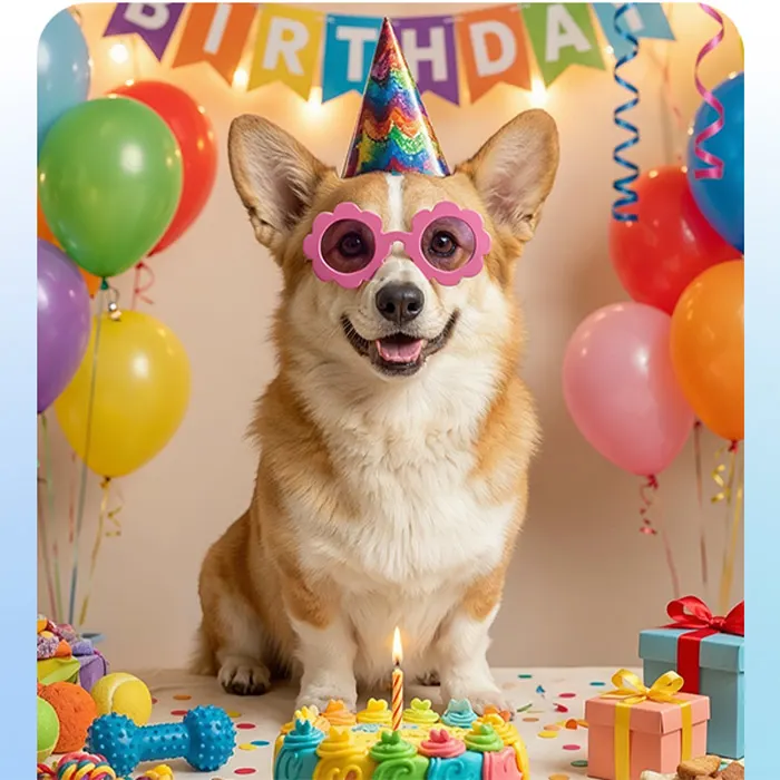 un cane con occhiali e cappellino da festa. Una torta davanti e diversi articoli da festa.