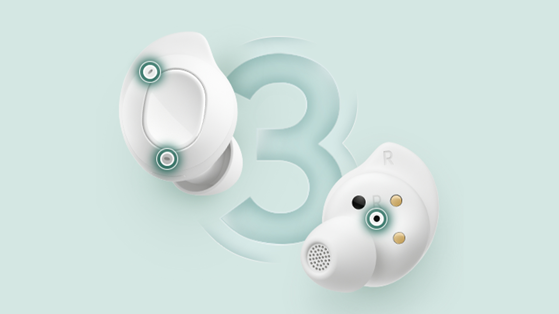 Due auricolari bianchi con accenti in verde e oro su sfondo azzurro, con un numero "3" sfocato.