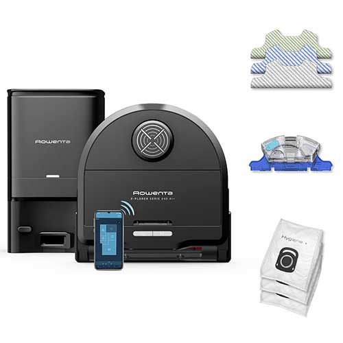 Robot aspirapolvere nero Rowenta con accessori: stazione base, panni, spazzola e sacchetti. Smartphone connesso.