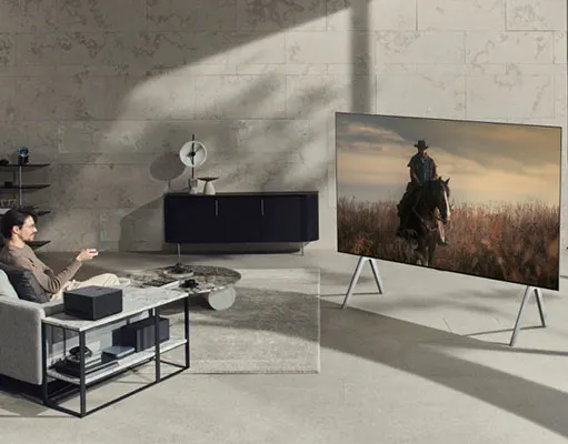 Soggiorno con uomo su divano grigio, tavolino con oggetti neri e ripiani. TV mostra cavaliere in campo. Mobiletto nero e ventola sullo sfondo.