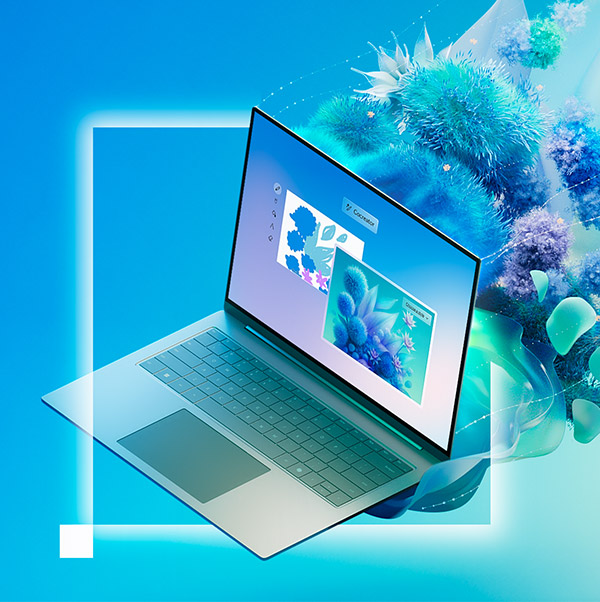 Laptop moderno con interfaccia di design digitale e texture floreali astratte in blu, viola e verde su sfondo vibrante.