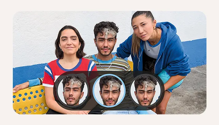 Tre persone posano su una panchina colorata. Tre ritratti del soggetto centrale sono in primo piano.