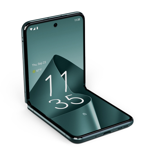 Telefono pieghevole nero con schermo verde che mostra l'ora 11:35 e la data di marted� 23 settembre.