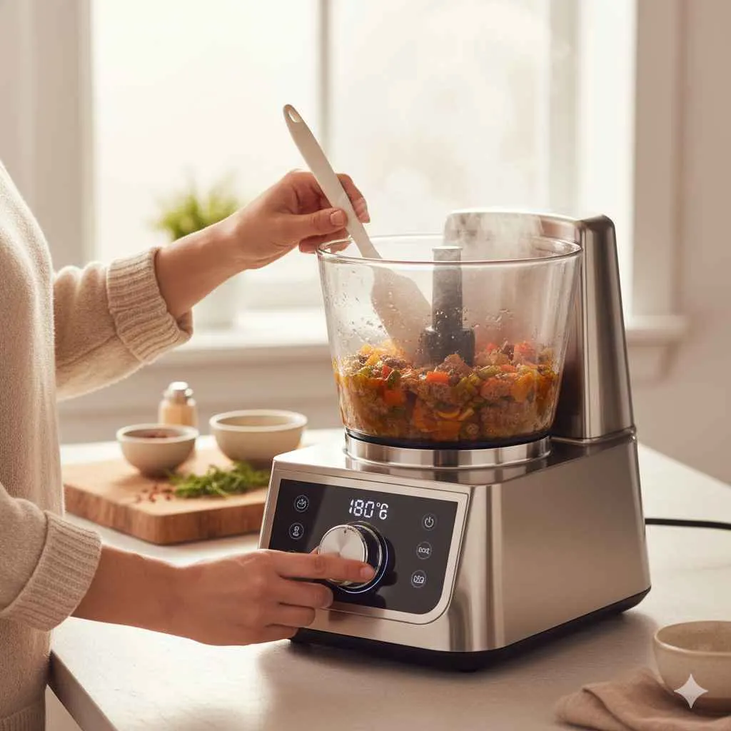 persona che cuoce con un robot da cucina