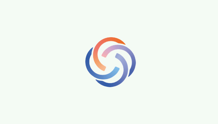Logo circolare su sfondo bianco. Tre forme curve colorate: arancione, rosa e blu.