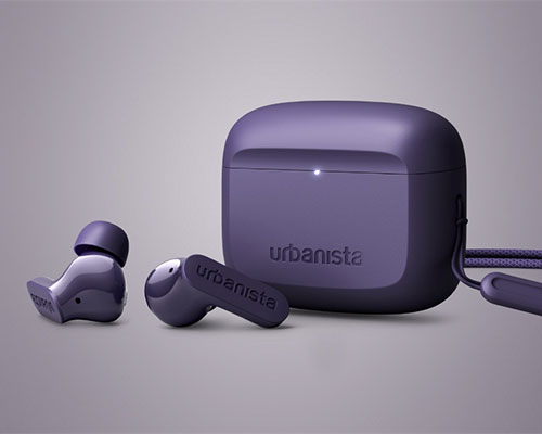 Auricolari viola con custodia di ricarica "urbanista" su sfondo grigio.