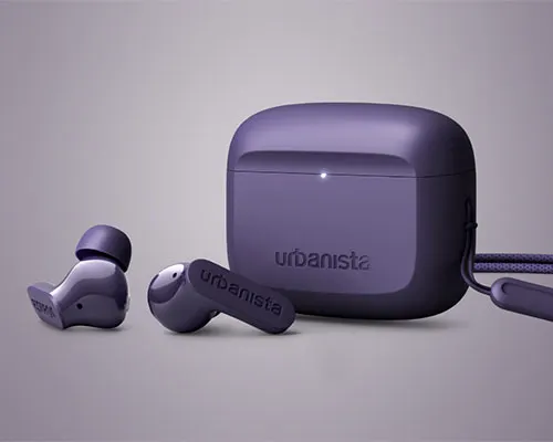 Auricolari viola con custodia di ricarica "urbanista" su sfondo grigio.