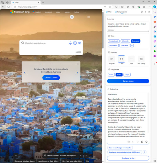 Schermata di Bing con citt� blu in background, barra di ricerca, finestre di testo e strumenti di composizione a destra.