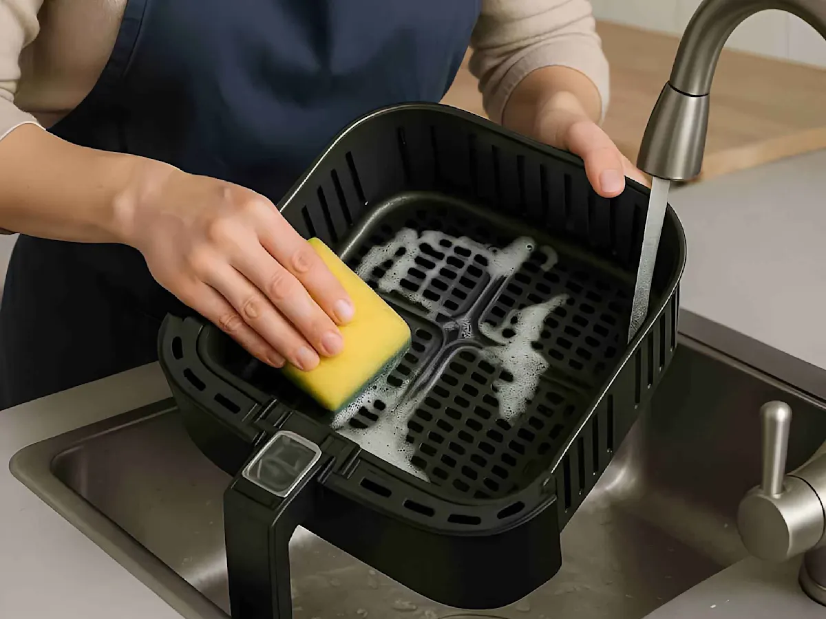 Donna che pulisce friggitrice ad Aria