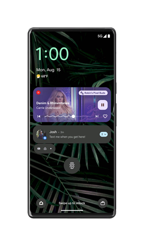 Schermata di blocco di uno smartphone con notifiche, lettore musicale e sfondo verde scuro.