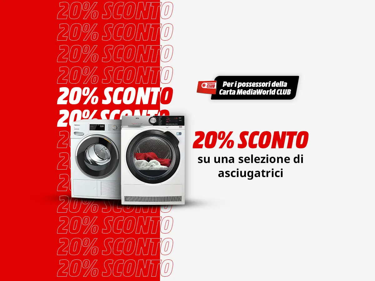 Sullo sfondo bianco e rosso, lavatrice e asciugatrice bianche. Testo promozionale "20% SCONTO su una selezione di asciugatrici".