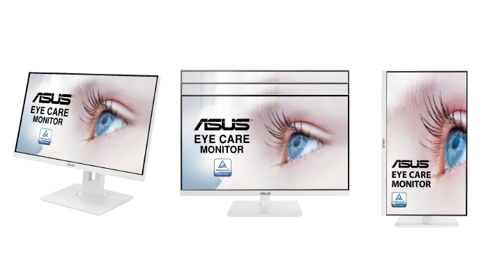 Tre monitor ASUS Eye Care bianchi mostrano l'immagine ravvicinata di un occhio. I monitor sono su uno sfondo bianco.