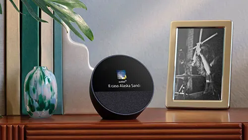 Un ripiano in legno con dispositivo nero, foto incorniciata, libri, vaso e foglia verde sullo sfondo.