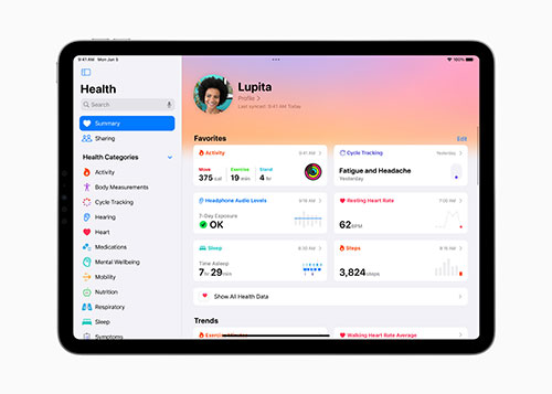 Schermata di un tablet che mostra l'app Salute con dati utente, categorie e tendenze su sfondo chiaro.