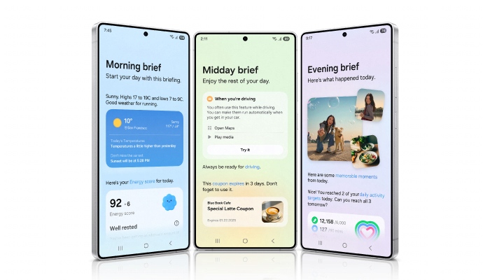 Tre smartphone mostrano schermate di app con riepiloghi mattutini, di mezzogiorno e serali. Le schermate includono meteo, promemoria e aggiornamenti sull'attività.