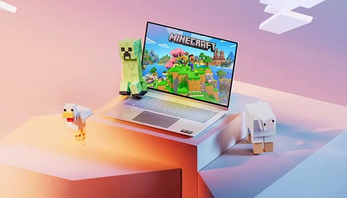 Notebook posizionato su alcune forme poligonali, una schermata di Minecraft viene riprodotta sul monitor. Attorno alcuni personaggi del videogioco.
