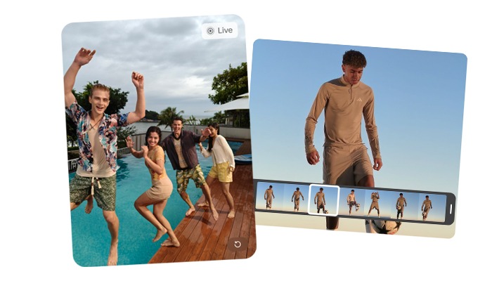 Due immagini mostrano persone in contesti diversi: una festa in piscina e un uomo in tuta su sfondo celeste.