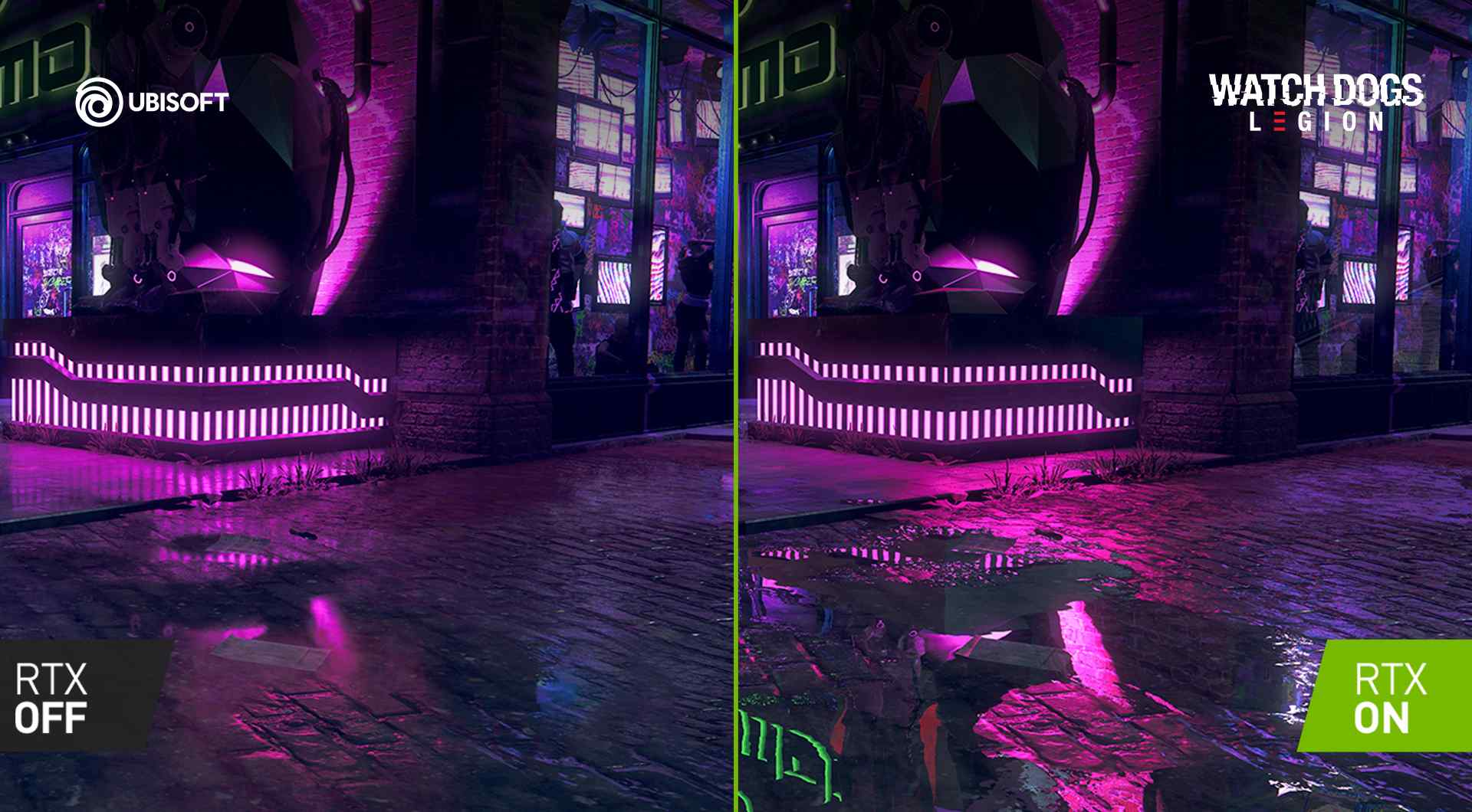Comparsa RTX: a sinistra "OFF", a destra "ON". Luci viola riflesse su superficie bagnata. Logo Ubisoft e Watch Dogs Legion.