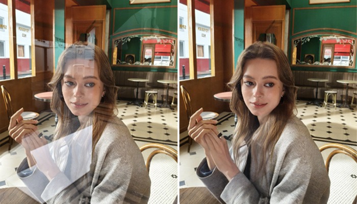 Un'immagine divisa mostra una donna seduta in un caffè. Tavoli e sedie sono visibili sullo sfondo, con decorazioni verdi.