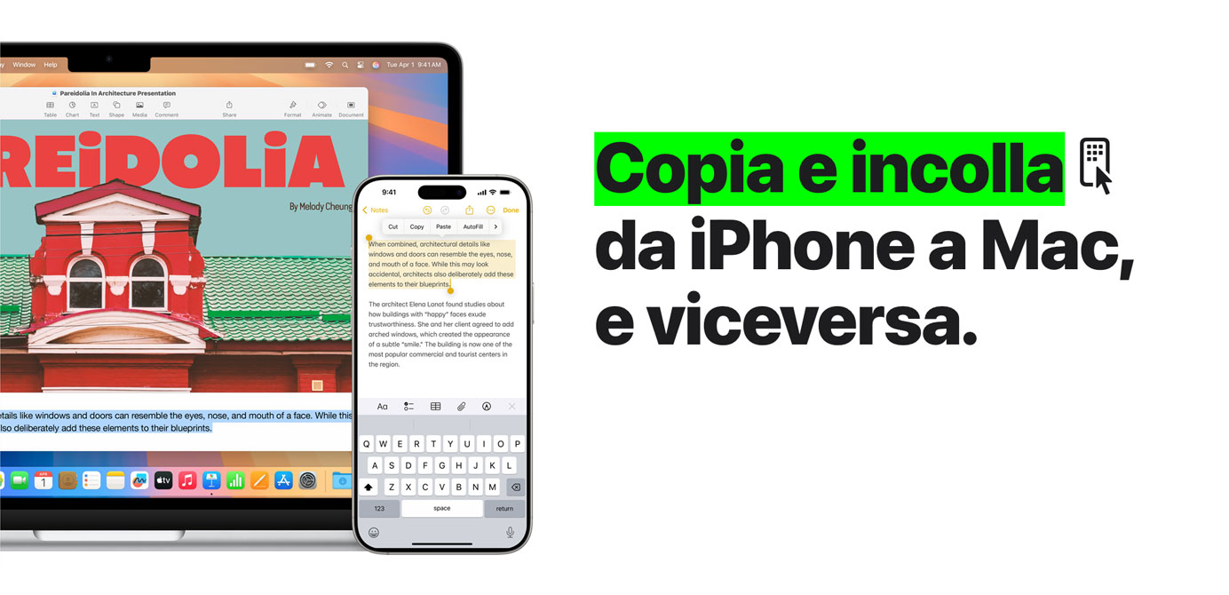 Un portatile Apple aperto, con un iPhone davanti. L’iPhone mostra un testo evidenziato nell’app Note, e lo stesso testo evidenziato compare anche sul portatile Apple.