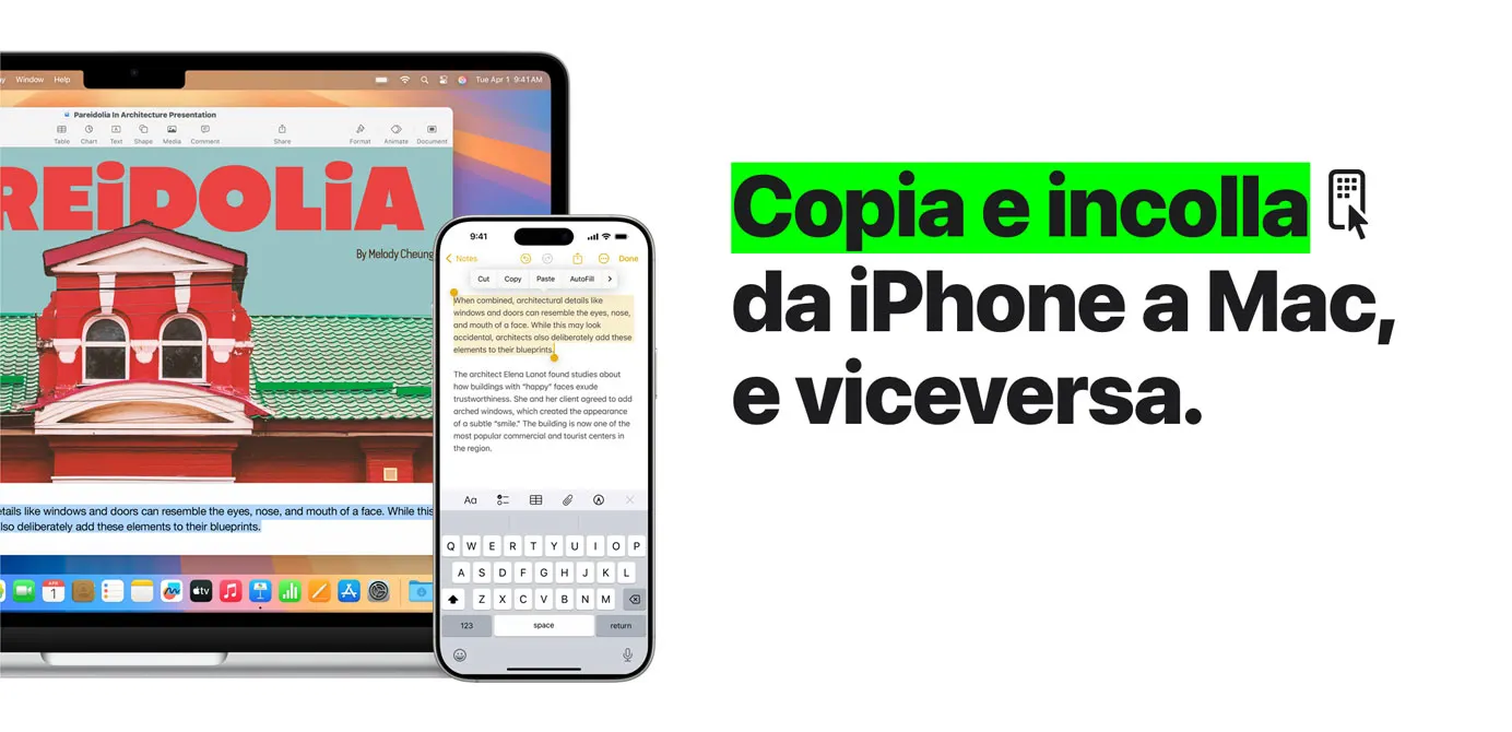 Un portatile Apple aperto, con un iPhone davanti. L’iPhone mostra un testo evidenziato nell’app Note, e lo stesso testo evidenziato compare anche sul portatile Apple.