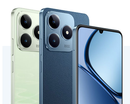 Tre smartphone: uno verde chiaro, uno blu testurizzato con quattro lenti, uno con schermo acceso blu.