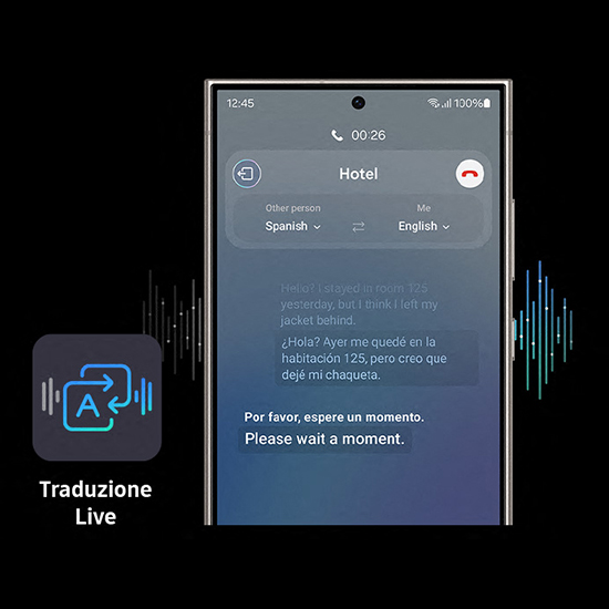 Schermata di un telefono che mostra una traduzione live da spagnolo a inglese con il logo dell'app in nero e blu.