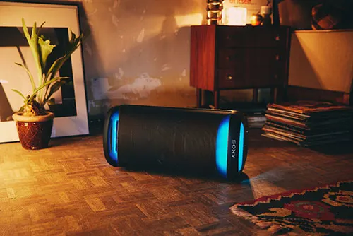 Interno con altoparlante nero illuminato di blu, mobile in legno, pianta in vaso, e pila di dischi su pavimento in parquet.