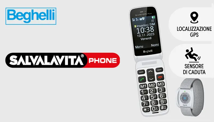 Pubblicità di Beghelli con un telefono a conchiglia bianco, un orologio e icone GPS e rilevamento cadute.