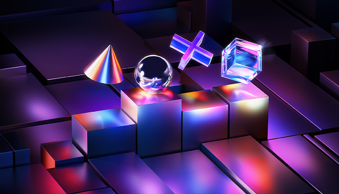 Cono, sfera, croce e cubo su cubi metallici viola e neri. Sfondo scuro e illuminazione colorata.