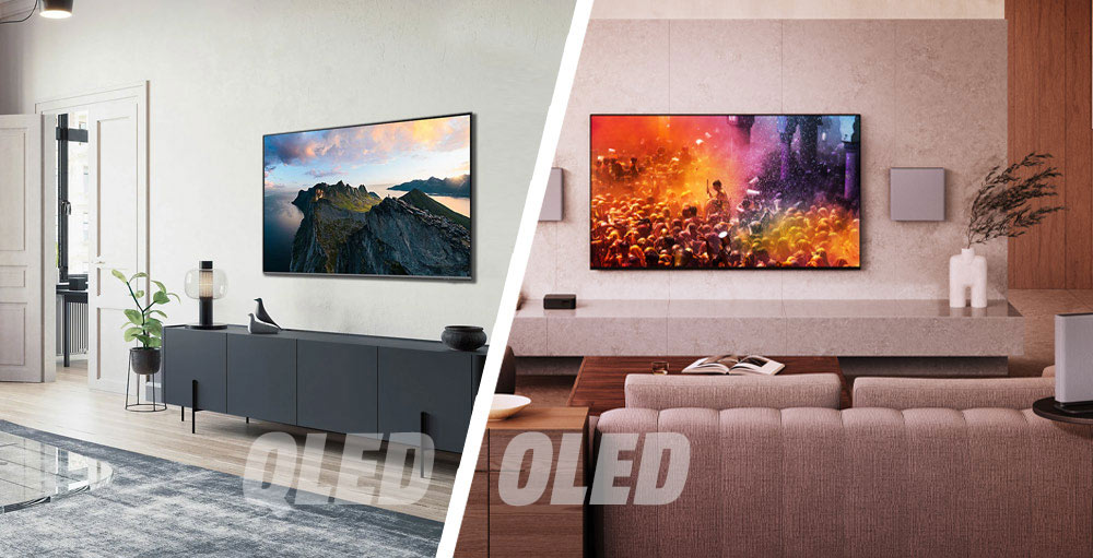 Due televisori OLED montati a parete in salotti moderni. Uno mostra montagne, l'altro una folla colorata.