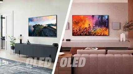Due televisori OLED montati a parete in salotti moderni. Uno mostra montagne, l'altro una folla colorata.