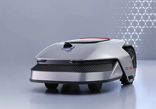 Un robot tagliaerba argento su una superficie lucida con uno sfondo grigio chiaro e un motivo geometrico.