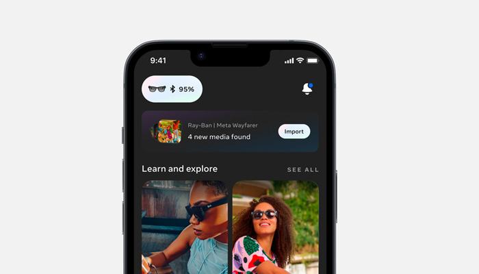 Schermata di un telefono con app aperta: notifiche, importazione file e foto di persone con occhiali da sole.