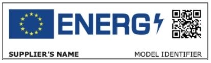 Etichetta energetica con logo UE, scritta "ENERG", QR code, "Nome fornitore" e "Identificativo modello".