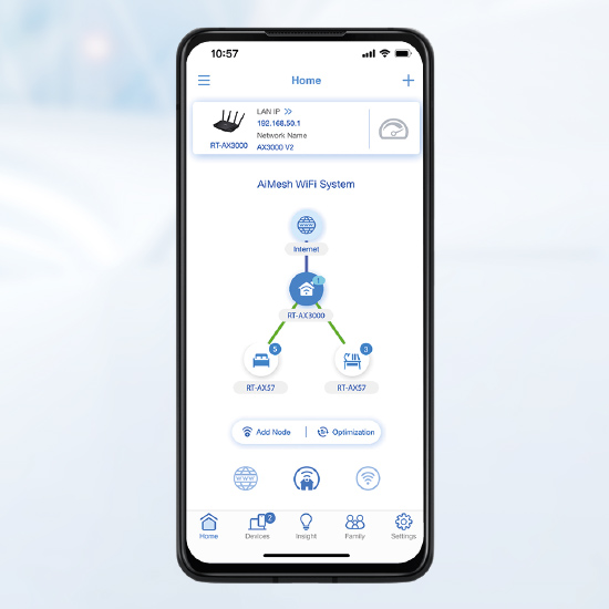 Schermata di uno smartphone che mostra un sistema WiFi AiMesh con icone blu su sfondo bianco.
