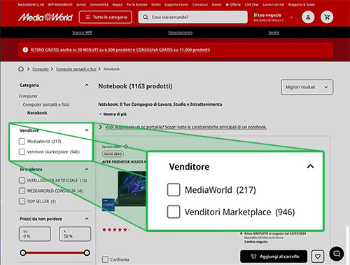 Pagina web MediaWorld con filtro "Venditore": opzioni MediaWorld (217) e Venditori Marketplace (946) per notebook.