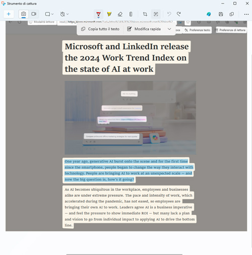 Pagina web con titolo sull'indice delle tendenze di lavoro 2024 di Microsoft e LinkedIn sull'IA.