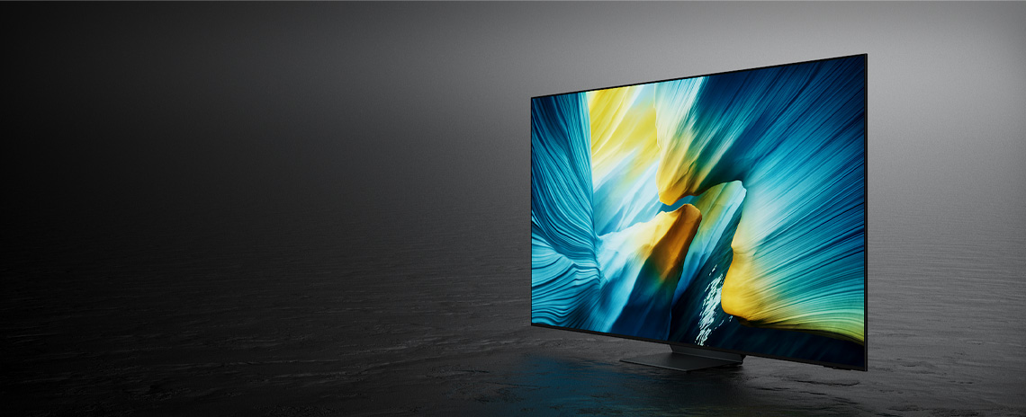 televisore con sfondo AI astratto di colore azzurro e giallo, su uno sfondo nero/acqua