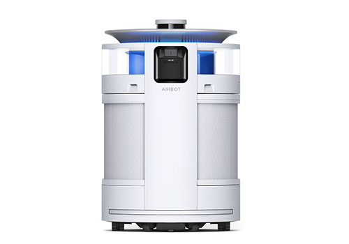 Dispositivo bianco cilindrico con dettagli blu e neri su uno sfondo bianco.