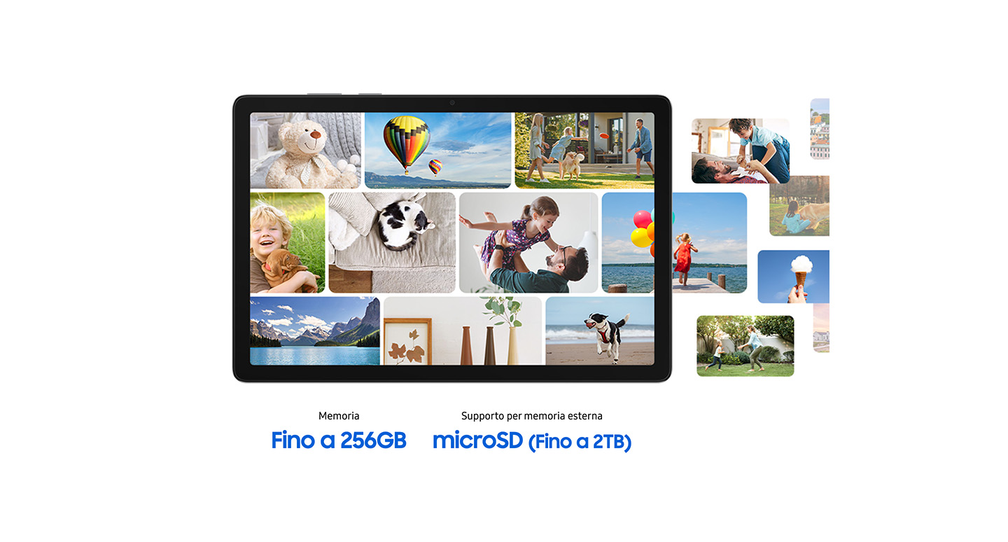 Schermo Galaxy Tab A11+ con delle foto. Fino a 256GB di memoria e microSD fino a 2 TB