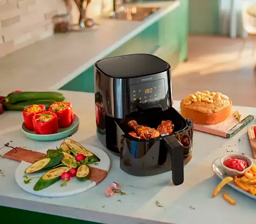 Friggitrice ad aria aperta su un tavolo con verdure, patatine fritte, ketchup, pane e pollo fritto.