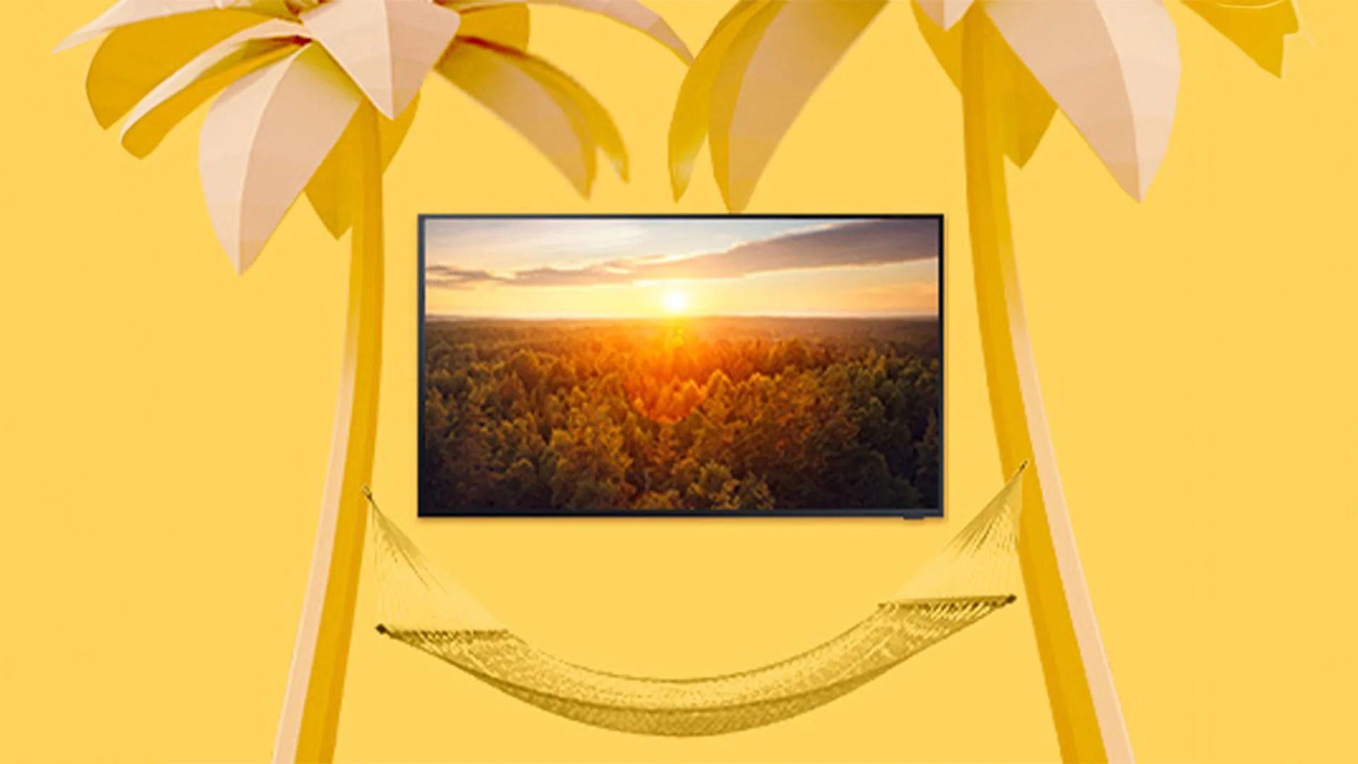 Sullo sfondo giallo ci sono palme di carta, un televisore con un tramonto e un'amaca gialla.