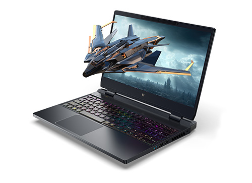 Un laptop nero aperto mostra un aereo da combattimento blu e giallo sullo schermo, su sfondo di citt� futuristica.